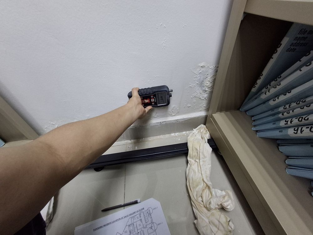 Surveyor testing a damp ceiling corner with a moisture meter